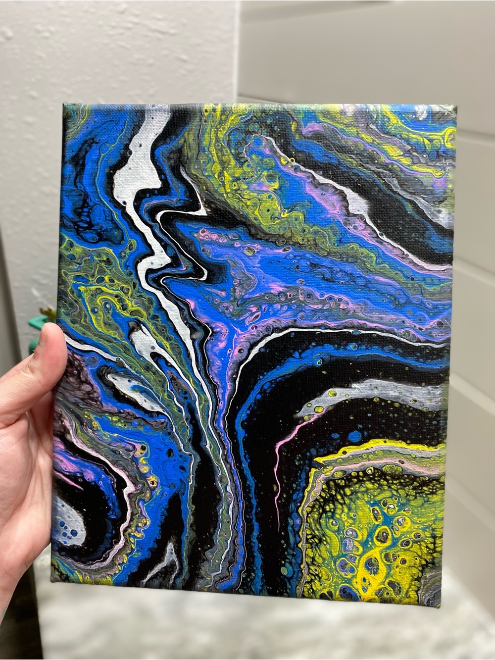 Hand Crafted Blue and Yellow Swirl Painting
